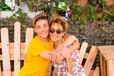 mother and son hugging with smile and enjoy leisure time togethe